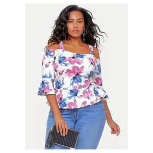 Fashion To Figure Blouse Mae Floral Cold Shoulder Peplum Top Ivory Plus Size 2X